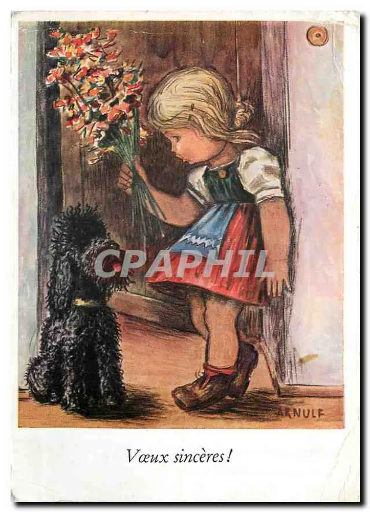 Menina oferecendo flores a um cão — desenho de Arnulf — edições Arnulf, n° F 133 - Frente