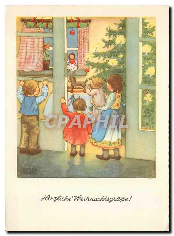 Crianças diante de uma janela — Natal — Verlag August Gunkel, Düsseldorf - Frente