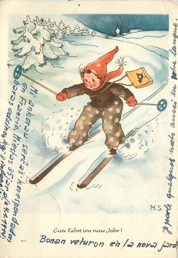 Criança em esqui — cena invernal — Natterauller-Verlag, Berlim - Frente