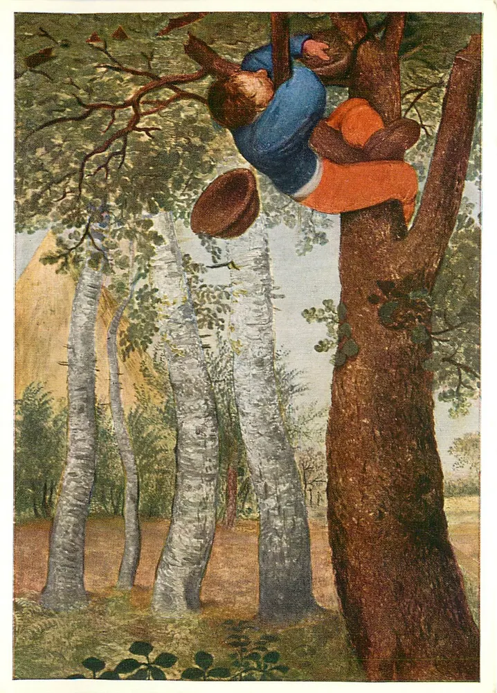 Criança escalando uma árvore — ilustração — Verlag Vogaldieb (Dátsil) / Kunsthistorisches Museum Wien, n° 5524 - Frente