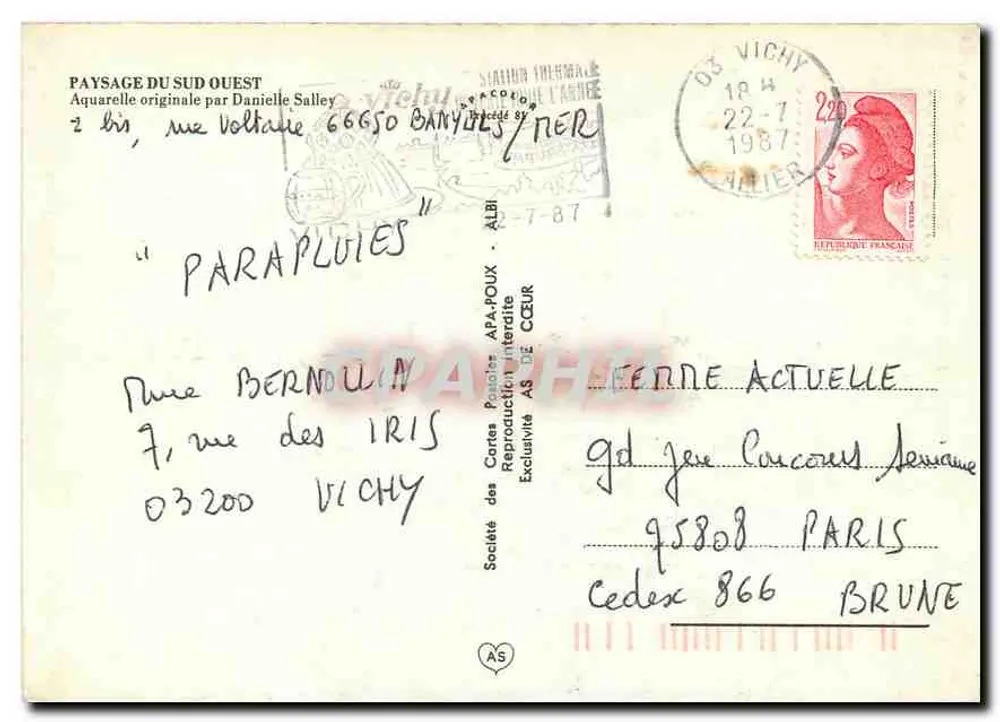 Paysage du Sud Ouest — Aquarelle originale par Danièle Salley — Société des Cartes Postales AFA-POUX - Verso