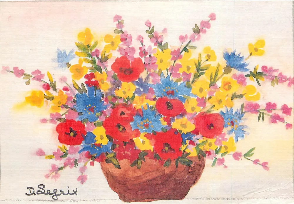 Arranjo de flores coloridas — desenho de D. Segrix — editor Le Nouveau Cache' n°128 - Frente