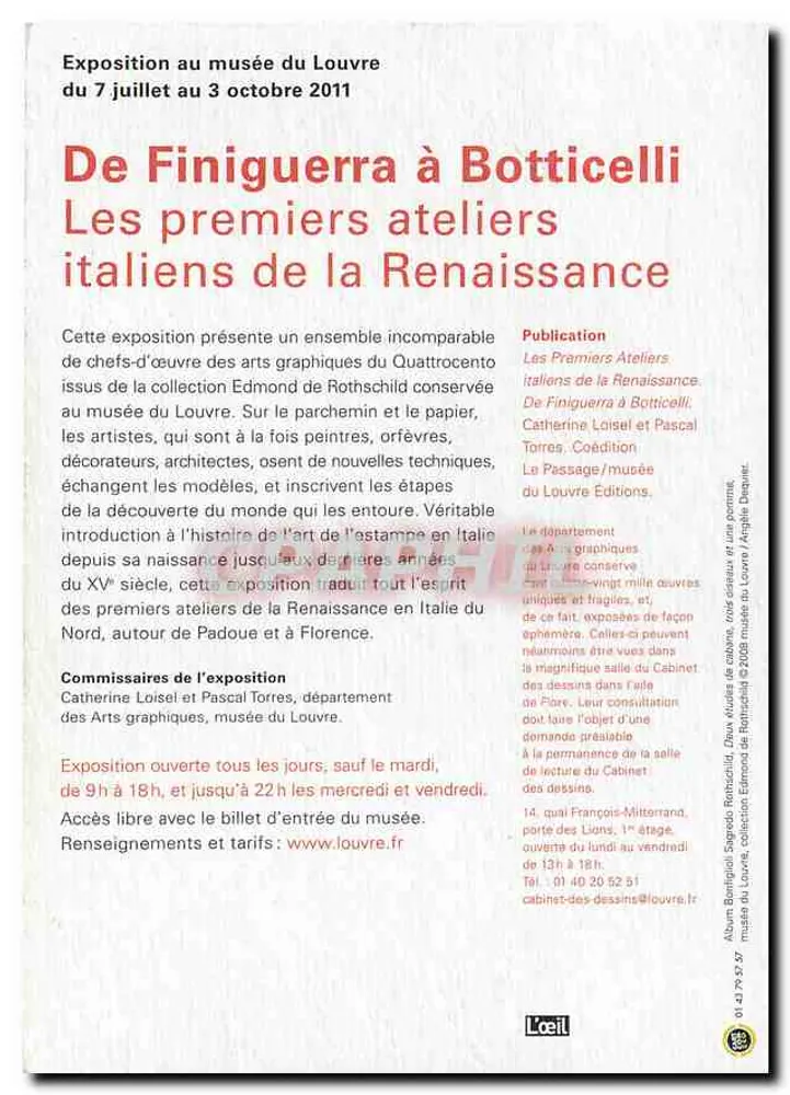De Finiguerra a Botticelli — Os primeiros ateliês italianos da Renascença — Louvre, exposição do 7 de julho ao 3 de outubro de 2011 - Verso