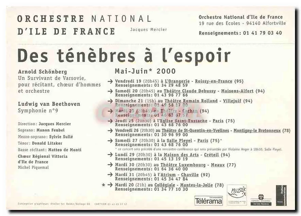 Orchestre National d'Île-de-France — Des ténèbres à l'espoir — Jacques Mercier - Verso