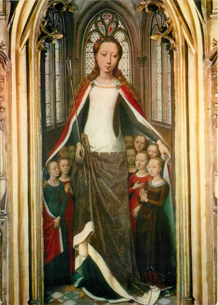 Santa Ursula — Cápsula de Santa Ursula protegendo as virgens — Hans Memling (1433-1494) — Editor MEXICHROME França, n° 556 - Frente