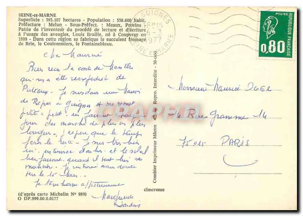 Seine-et-Marne 77 — Carte postal turística com mapa Michelin — Impressor Combier - Verso