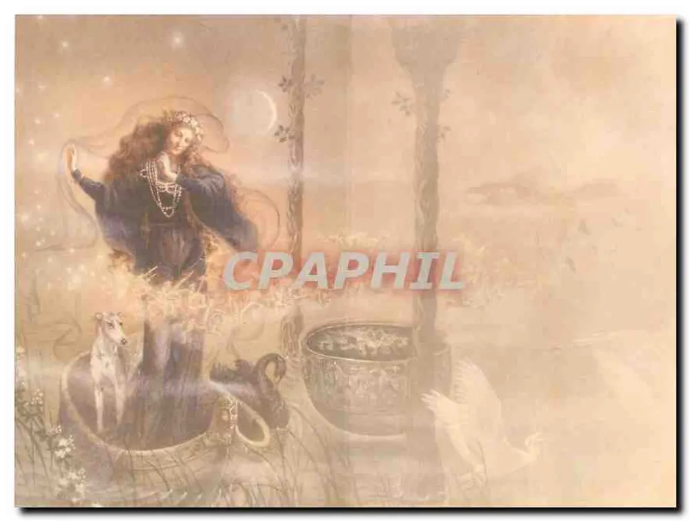 Kobieta w łódce z psem i łabędziem — ilustracja Kinuko Y. Craft — Tree-Free Greetings #37060 - Rewers