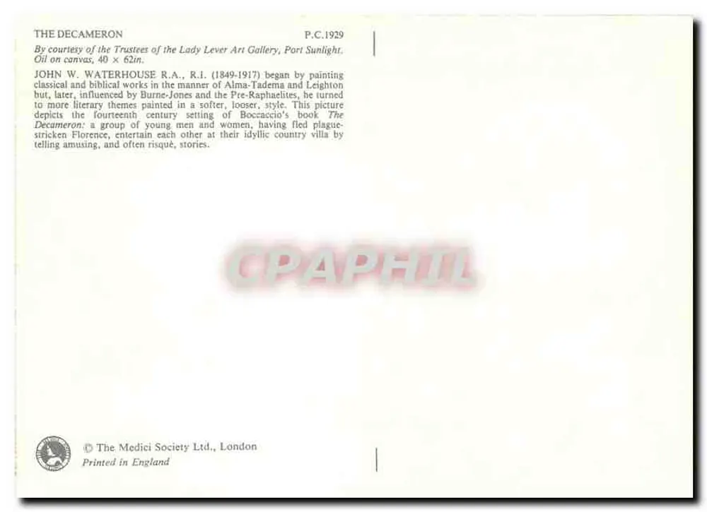 O Decameron — cena de jovens homens e mulheres em um jardim — The Medici Society Ltd., Londres - Verso