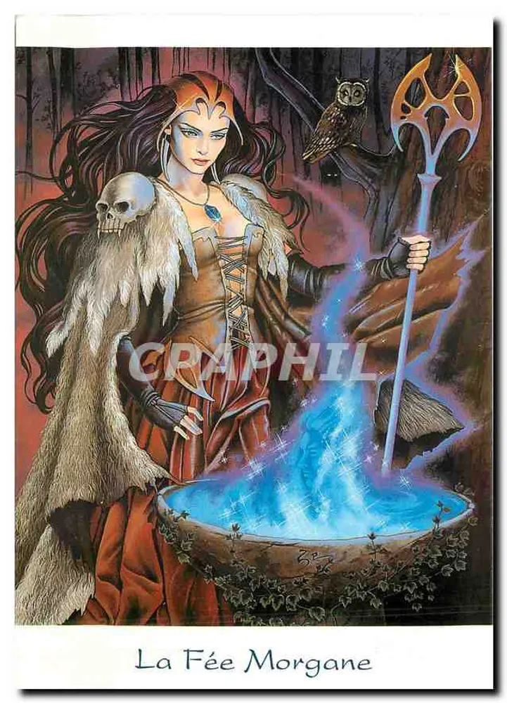 La Fée Morgane — ilustracja czarodziejki z siekierą i magicznym basenem — Graphphil - Awers