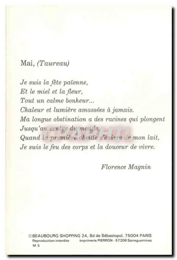 Mai, (Tauro) — poema de Florence Magnin — Impressora PIERRON, 57206 Sarreguemines - Verso