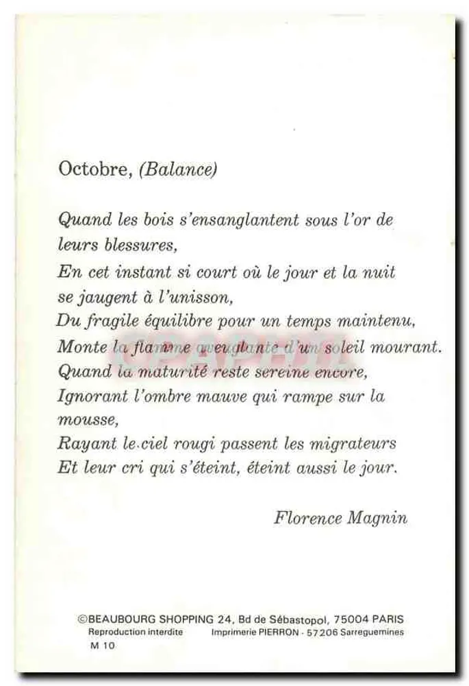 Outubro, (Equilíbrio) — poema de Florence Magnin — Impressora PIERRON, série M 10 - Verso