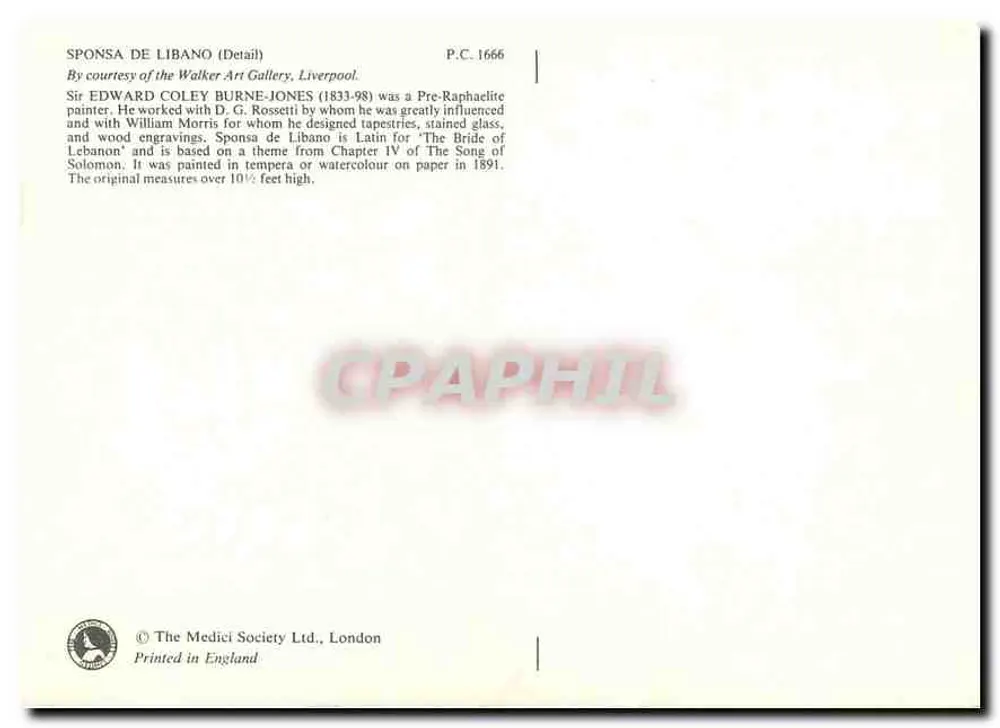 Sponsa de Libano — détail — The Medici Society Ltd., Londres, P.C. 1666 - Verso
