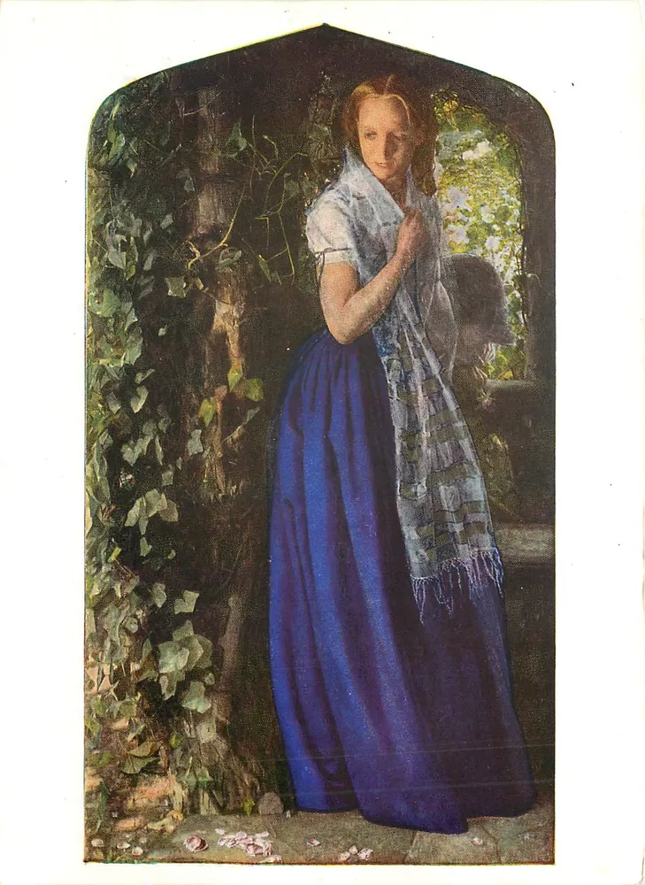 Mulher em vestido azul — em um arco de pedra cercado por videira — Hughes, editor, n° 2476 - Frente