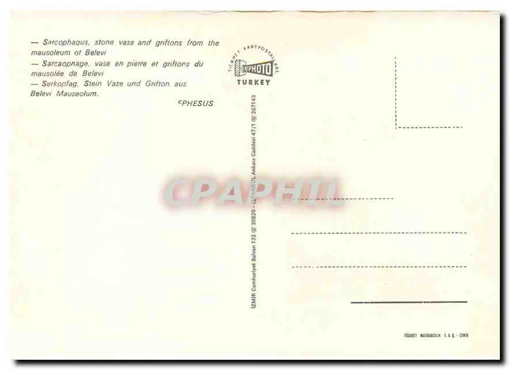 Sarcófago, vaso y grifos del mausoleo de Belevi — Editor: KARTPOSTENLER TURKEY, n° 35820 - Reverso