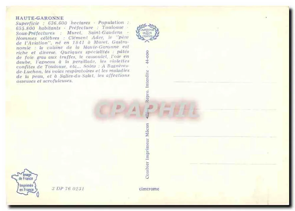 Haute-Garonne — Carte postale touristique avec carte et photos de lieux — Imprimeur Mâcon - Verso