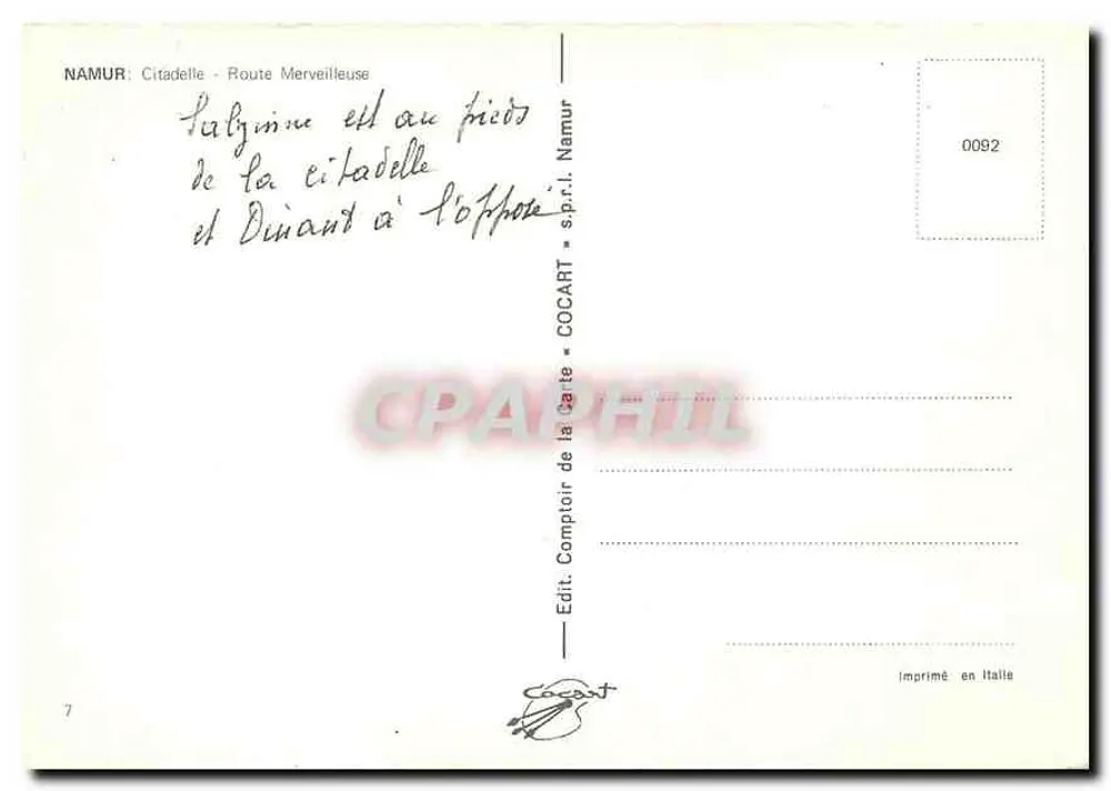 Namur - Citadel - Merveilijke Route — uitgever COCART, serie nummer 0092 - Achterkant