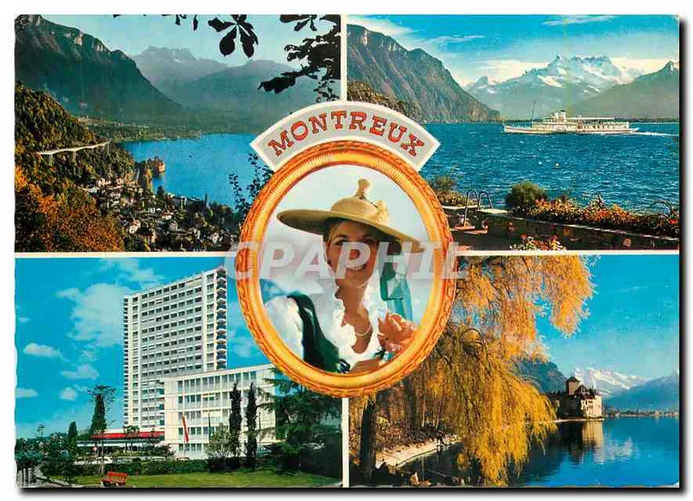 Montreux — vista panorâmica com hotel e barco — editor BOVEY & Cie, Genebra, n° 8122 - Frente