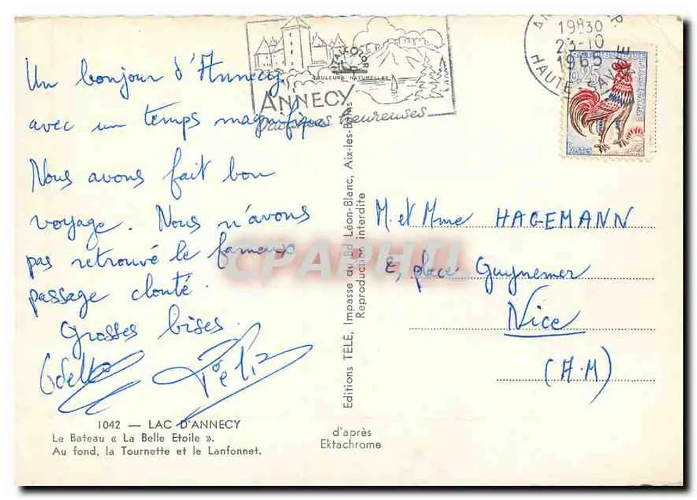Lago d'Annecy — vista do lago com barco e montanhas — Éditions Télé, n°1042 - Verso