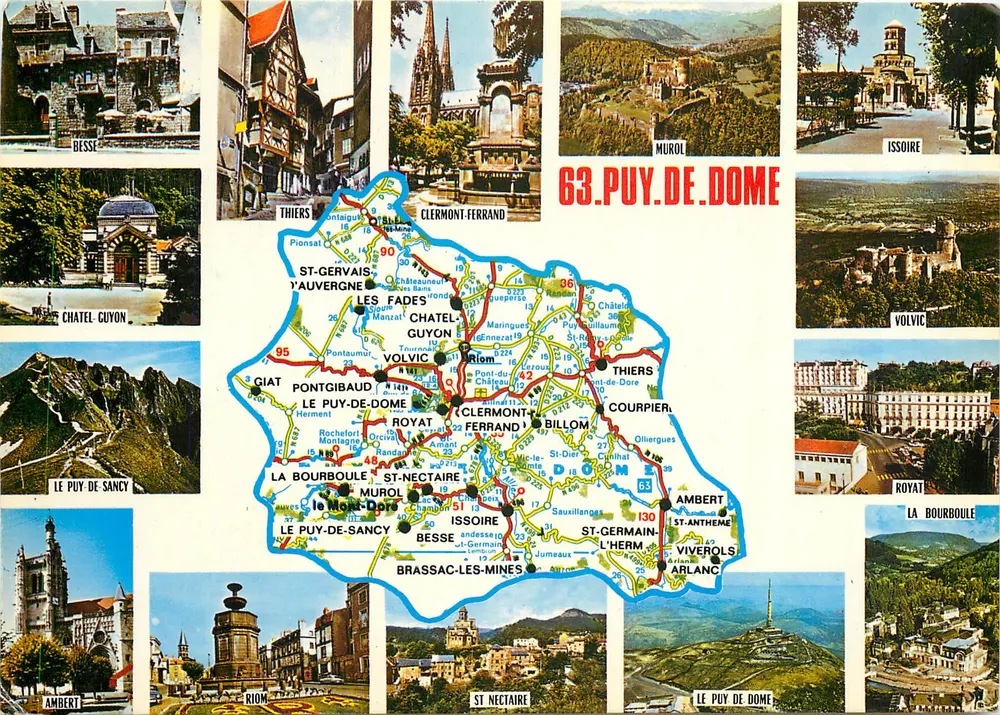 Puy-de-Dôme — Carte postale touristique avec carte et photos de lieux — Combier Imprimerie - Recto