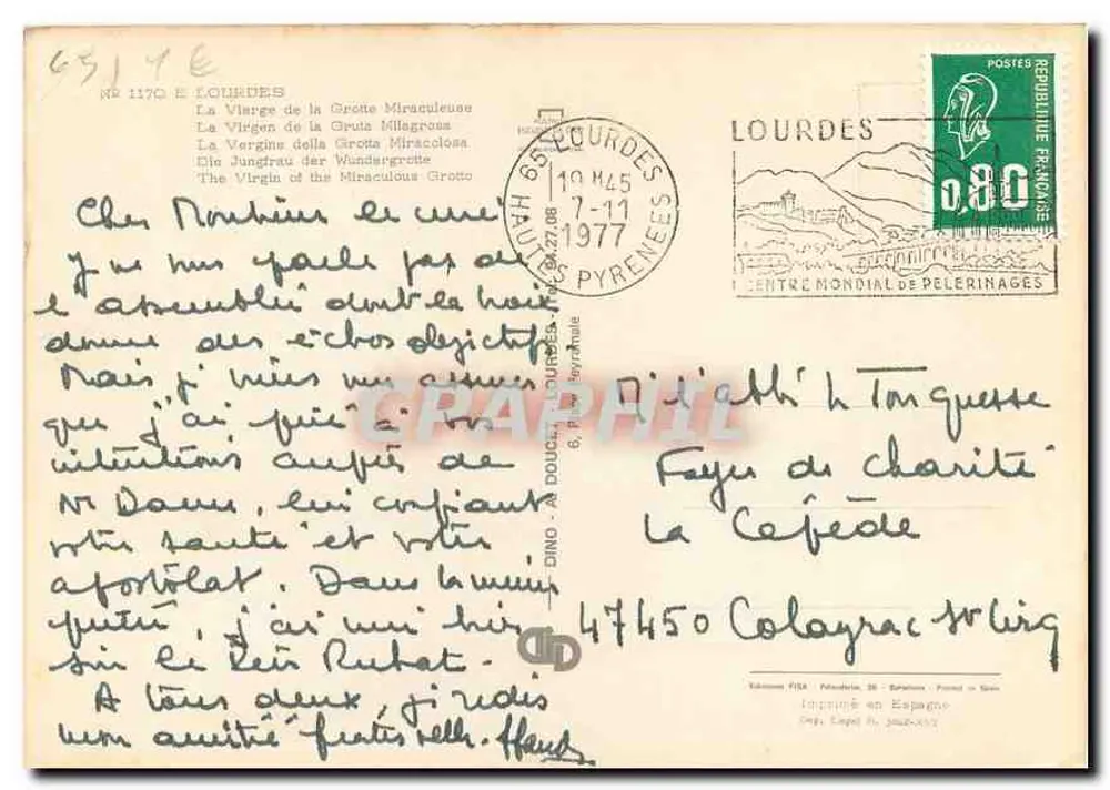 A Virgem da Gruta Milagrosa — Lourdes — Éditions DINO - Verso