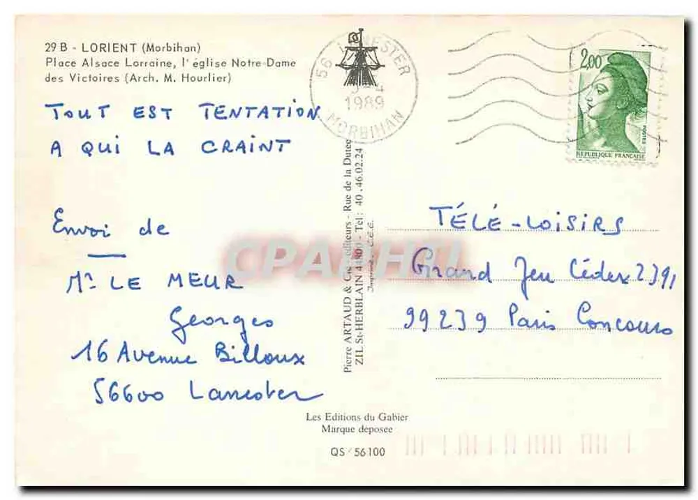 Lorient - Kirche Notre-Dame des Victoires — Verleger Pierre Artaud & Cie, n° QS 56100 - Rückseite