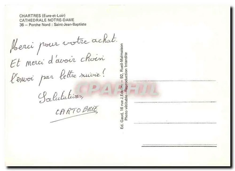 Chartres (Eure-et-Loir) — Katedra Notre-Dame, Wschodnie Wrotka: Święty Jan Chrzciciel — Wyd. Gaud, 16 rue J. Edelmaison, 92 - Rewers
