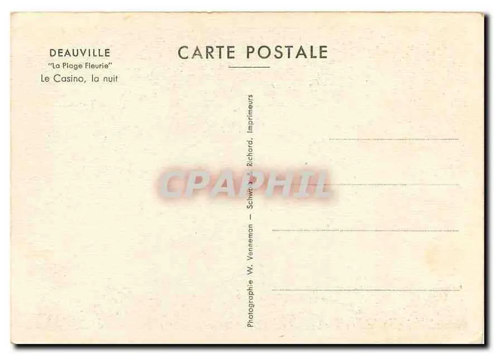 Deauville — 'Die Blühende Strände' — Das Casino in der Nacht — Fotografie von W. Venneman - Rückseite