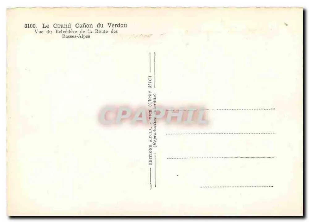 Le Grand Cañon du Verdon — Vue du Belvédère de la Route des Basses-Alpes — Éditions A.D.I.A. Nice - Verso