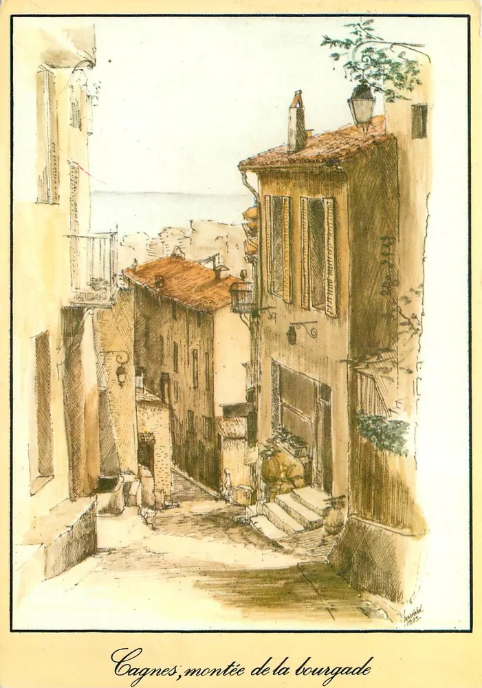 Cagnes, subida da aldeia — desenho a tinta e aquarela — assinado Perreard 1930 - Frente