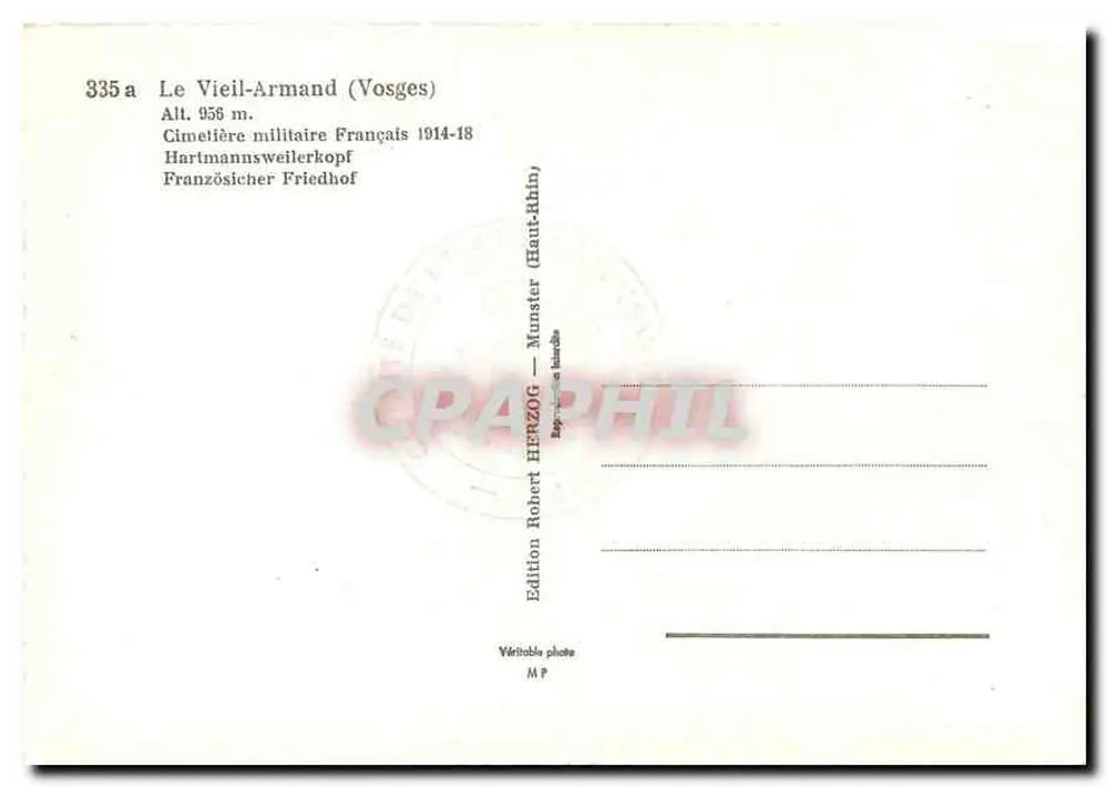 Le Vieil-Armand (Vosges) — Cimetière militaire français 1914-18 — Édition Robert HFZOG — Munster - Verso