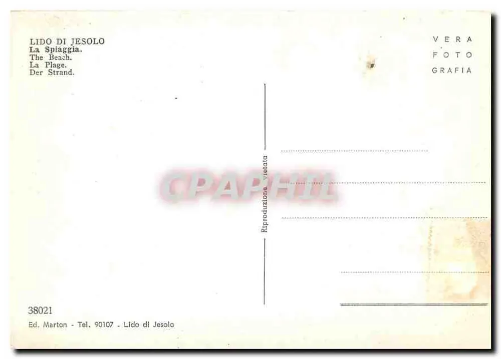 Lido di Jesolo — A praia — Ed. Marton, n° 38021 - Verso