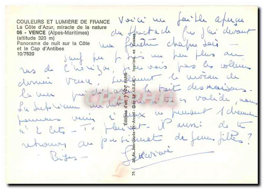 Vence (Alpes-Maritimes) — Nachtpanorama der Côte d'Azur — Éditions d'Art Yvon, n° 7620 - Rückseite