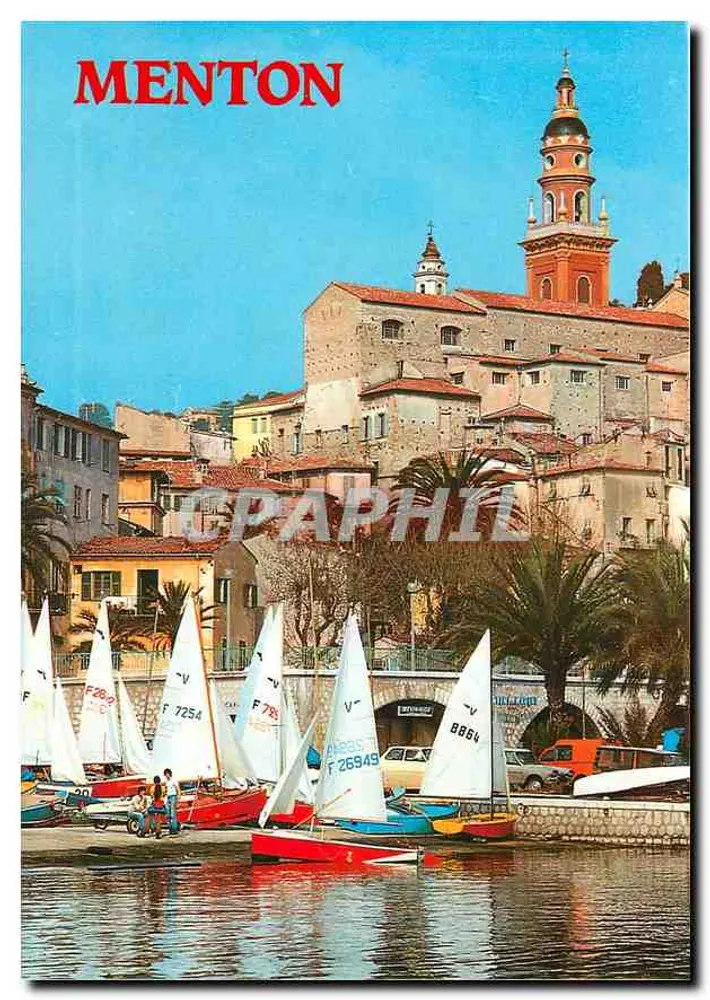 Menton — vista do porto com barcos a vela e igreja — editor Sopico, n° 169 - Frente