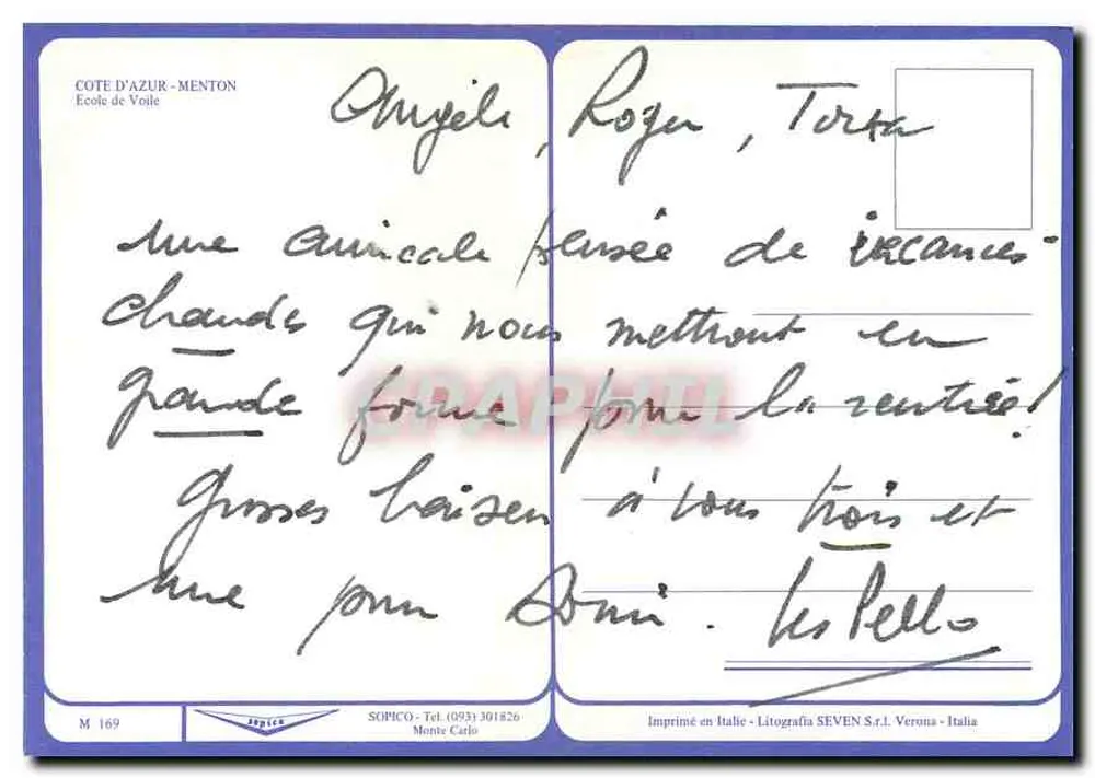 Menton — vista do porto com barcos a vela e igreja — editor Sopico, n° 169 - Verso