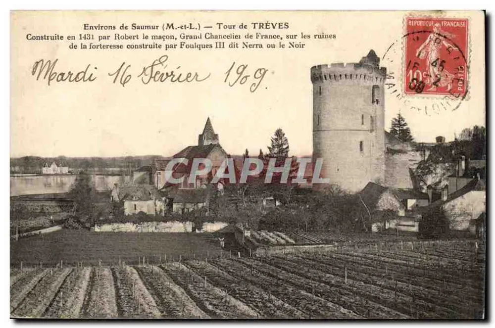 Ambiente de Saumur (M.-et-L.) — Torre de TRÈVES — Construída em 1431 por Robert o pedreiro, Grande Chanceler da França, sobre as ruínas da fortaleza construída por Fouloques III, chamado Nerra ou o Negro - Frente