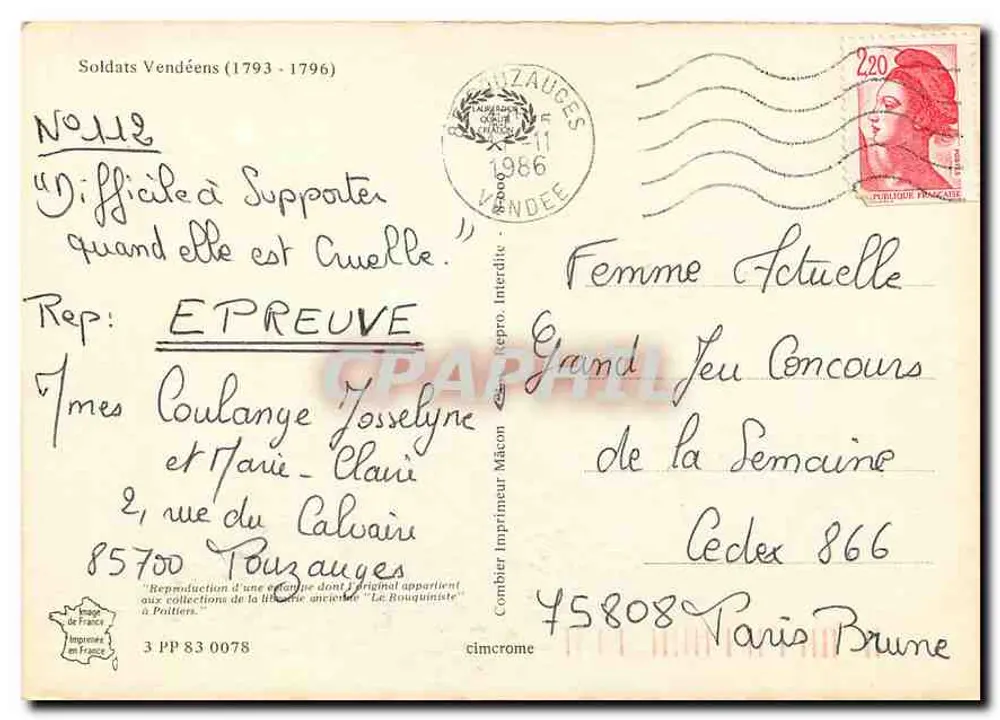 Soldados Vendeanos — Suite de Costumes, N°1 — Lith. de Charpentier fils & Ed. Dantes - Verso