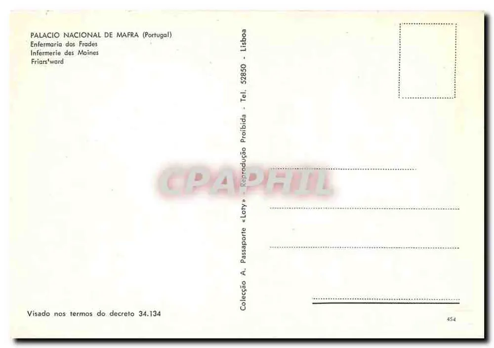 Palacio Nacional de Mafra — Enfermaria dos Frades — Verlag Loty, n° 454 - Rückseite