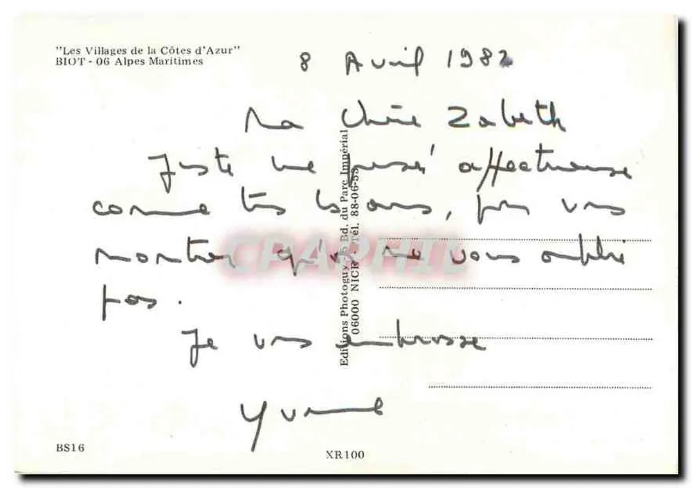 Vue sur le village de Biot — Alpes-Maritimes — Éditions du Parc Impérial, série BS16 - Verso