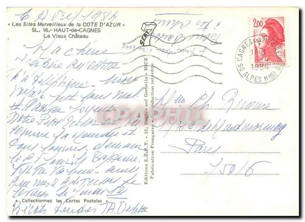 O Velho Castelo — Haut-de-Cagnes — Edições S.E.P.T. - 35, Boulevard Gorbella - NICE - Verso