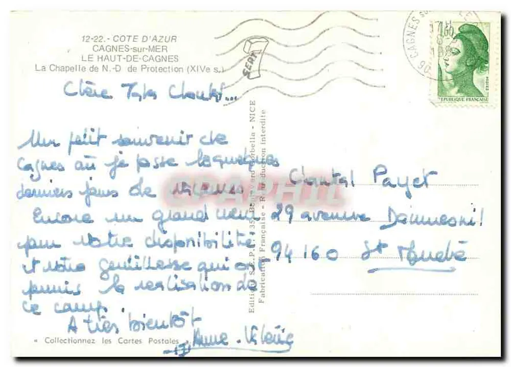 A Capela de N.-D. de Proteção (século XIV) — Cagnes-sur-Mer — Edição S.P.P. 339 - Verso
