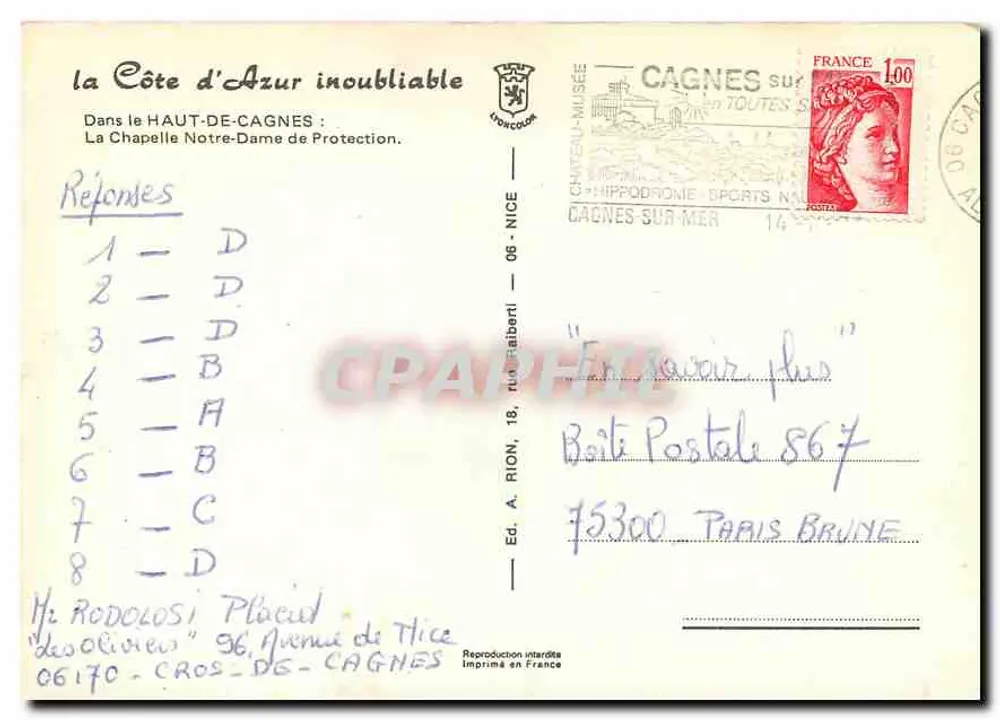 La Chapelle Notre-Dame de Protection — Refones — Éd. A. Rion, 18, rue Reiberti — 06 Cagnes-sur-Mer - Verso