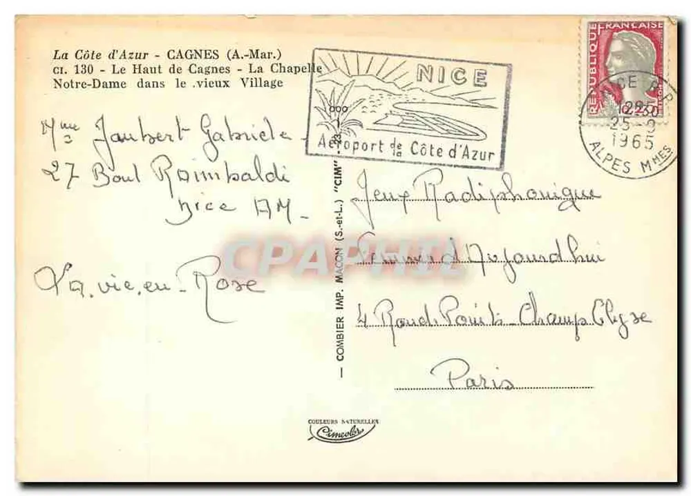 Cagnes-sur-Mer - A Capela Nossa Senhora na antiga vila — Combière Imp. Maccon - Verso