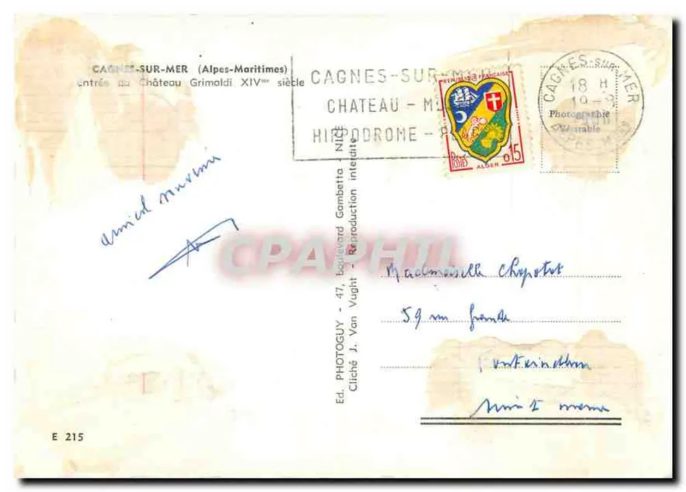Cagnes-sur-Mer — entrada do Castelo Grimaldi Século XIV — Ed. Photoguy - 47, Cagnes-sur-Mer - Verso