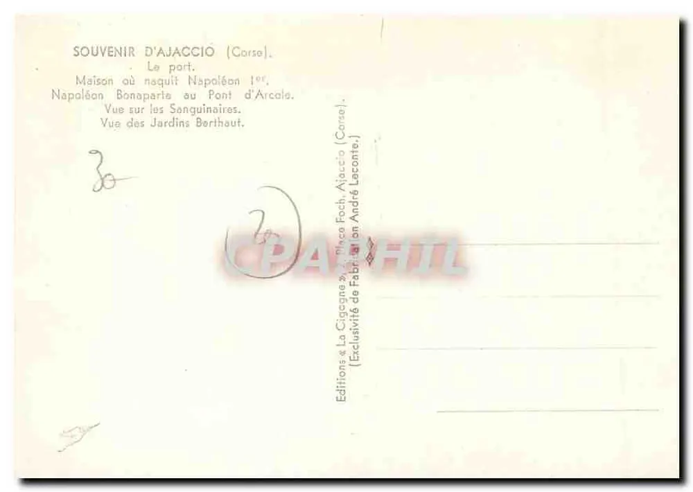 Ajaccio — Widok portu, dom urodzenia Napoleona, Ogród Berthaut — Wyd. Sa Cigogne - Rewers