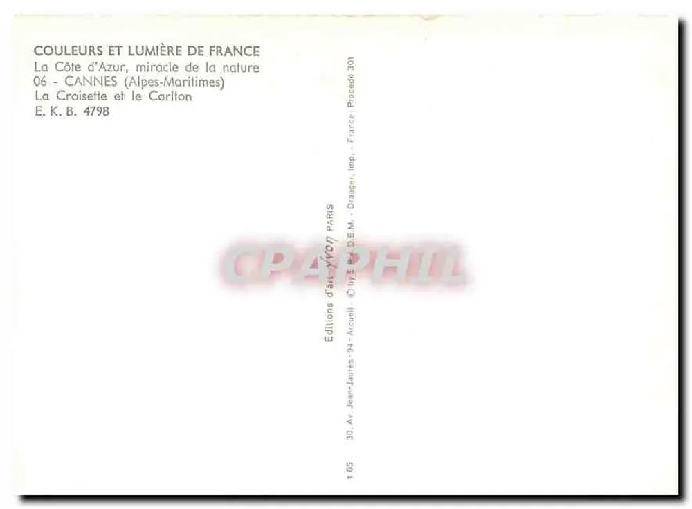 Cannes - La Croisette et le Carlton — Éditions d'Art Yvot, n° 4798 - Verso