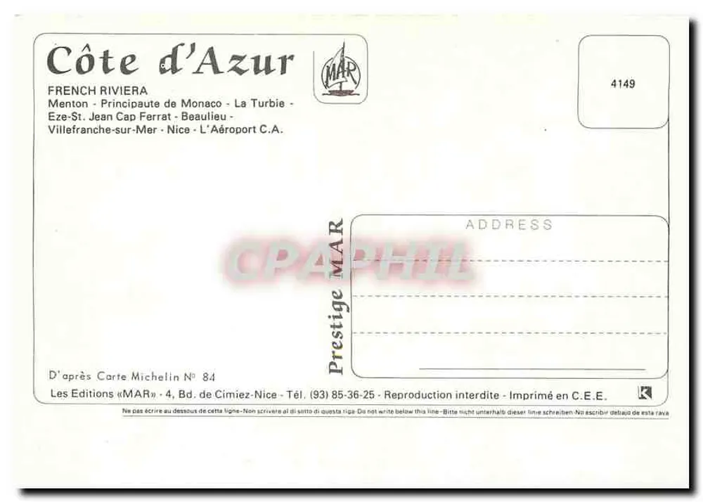 Côte d'Azur — Local principal: carta turística com fotos — Éditions MAR, n° 4149 - Verso