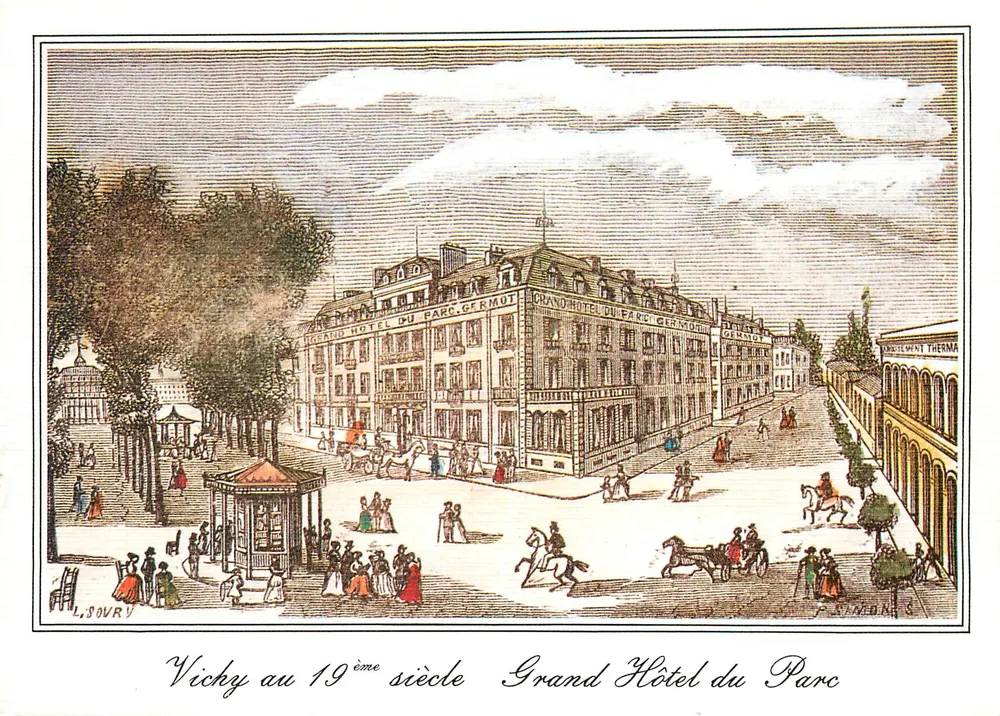 Vichy im 19. Jahrhundert — Grand Hôtel du Parc — Kupferstich von L. Souvy - Vorderseite