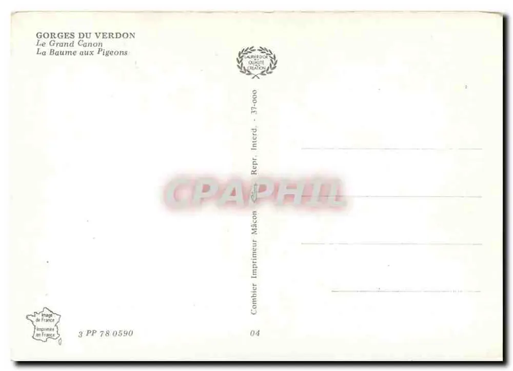 Gorges du Verdon — Der Grand Canyon, La Baume aux Pigeons — Imprimeur Combier, n° 3 PP 78 0590 - Rückseite