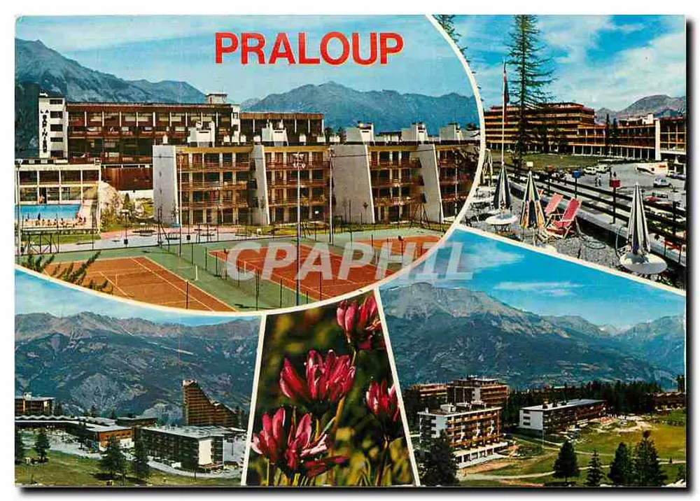 Praloup — vista panorámica de los edificios, piscina, canchas de tenis y flores — Ediciones de las Alpes - Anverso