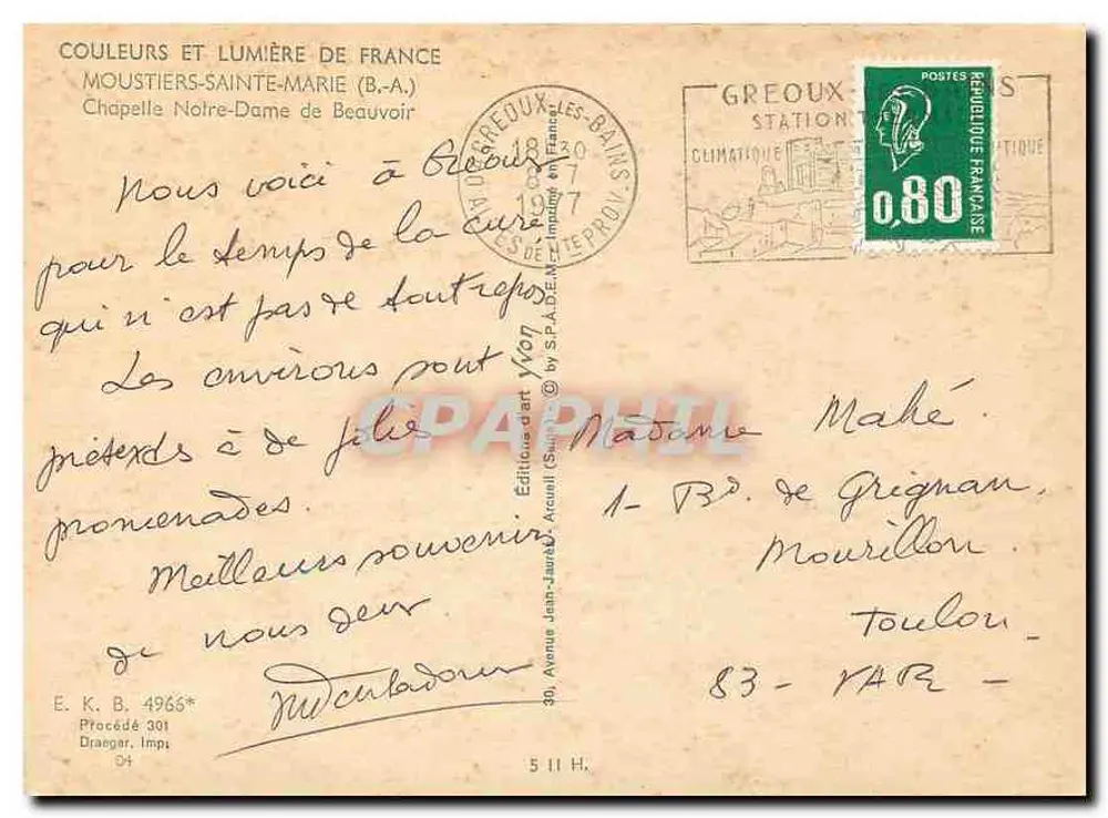 Moustiers-Sainte-Marie — Kapelle Notre-Dame de Beauvoir — Éditions Jean-Jaurès Arcueil - Rückseite